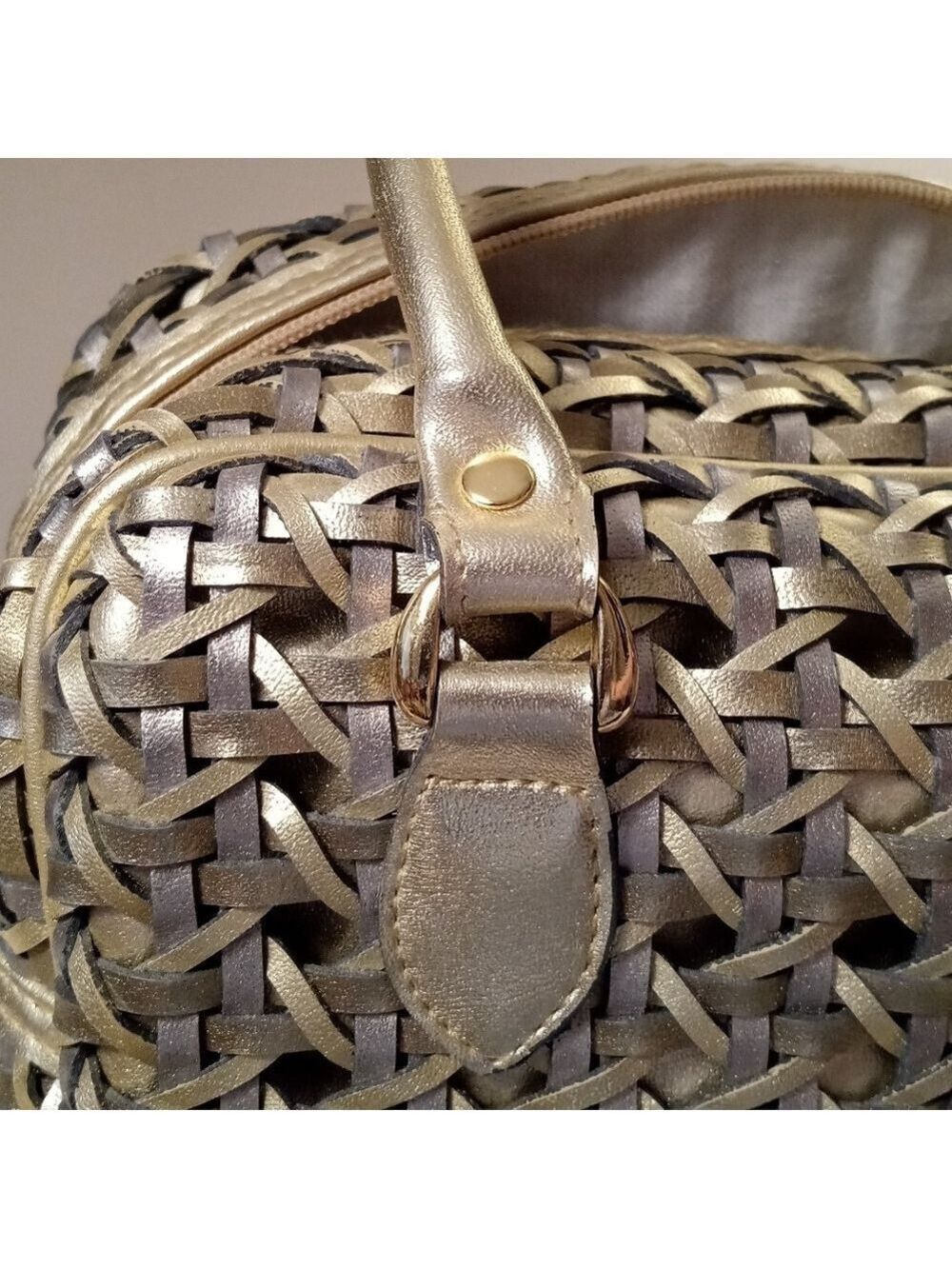 Warren Reed Gold Silver Metallic Woven Leather Satchel Large - Picture 3 of 6